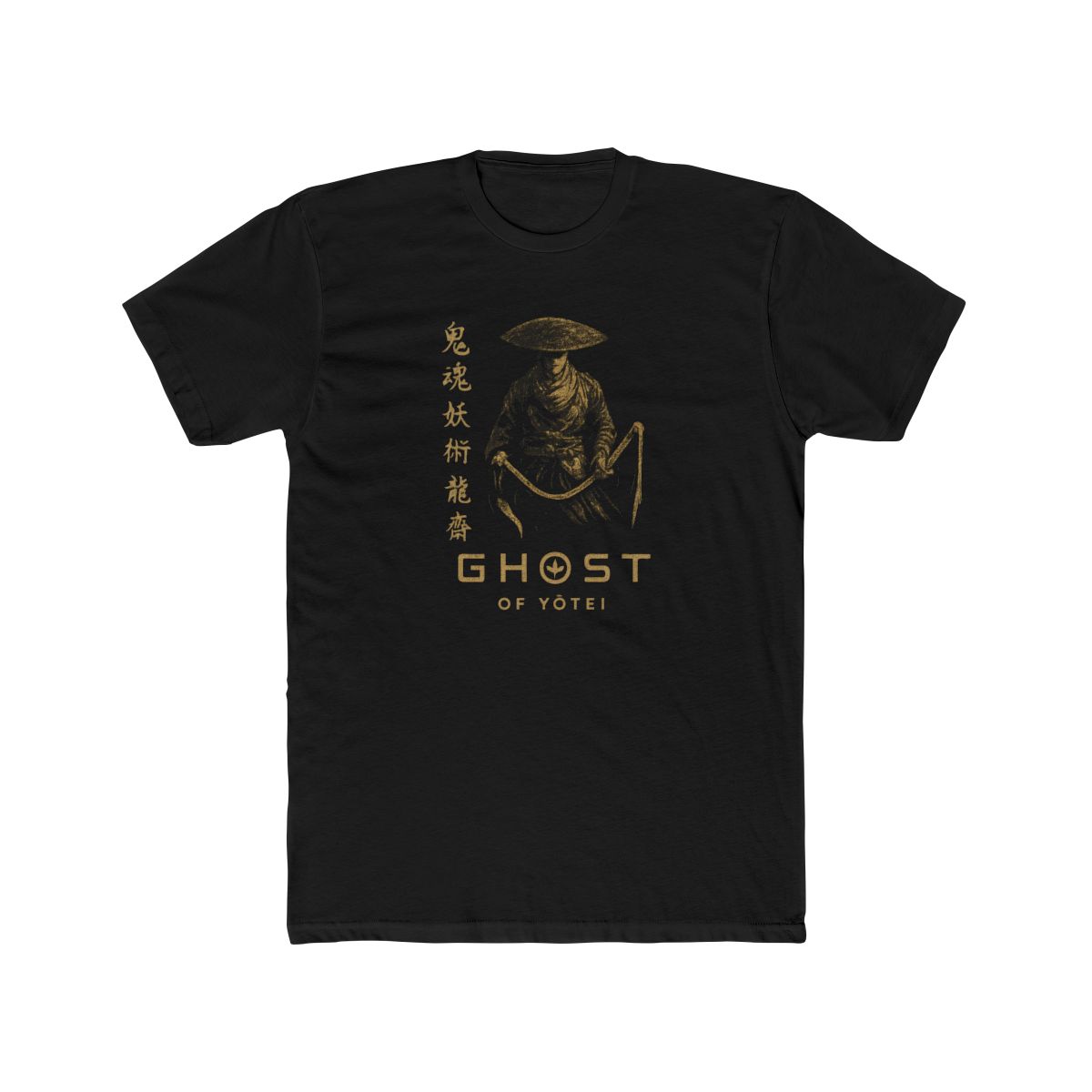 Dark grey t-shirt with a gold illustration of a samurai warrior and Japanese text. The shirt features the words "GHOST of YOTEI" in gold. The t-shirt has a vintage style. — official Ghost of Yōtei T-Shirts